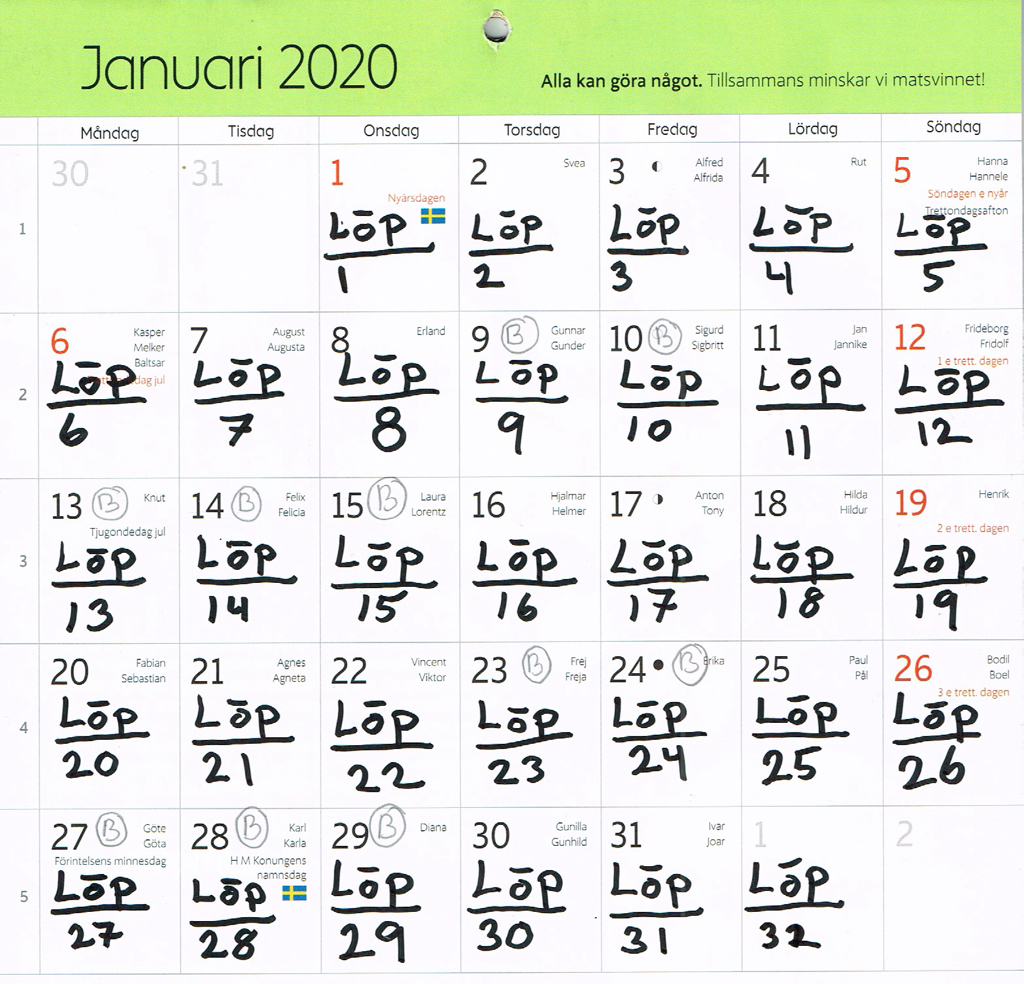 Kalender med löpning i januari